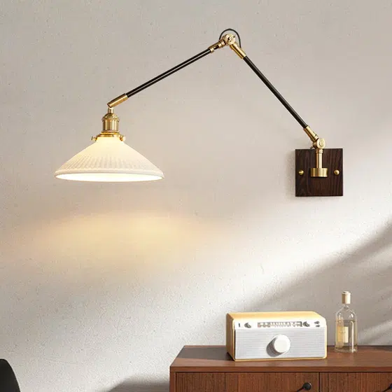 Japanese Retro Adjustable Walnut Wood Glass Wall Lamp in Iron and Glass and Wood, detail view