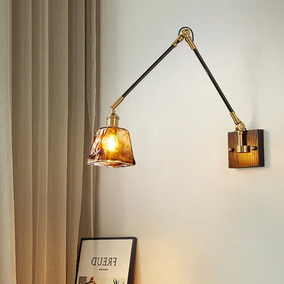 Japanese Retro Adjustable Walnut Wood Glass Wall Lamp in Iron and Glass and Wood, installed view