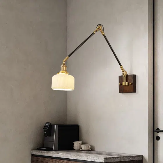Japanese Retro Adjustable Walnut Wood Glass Wall Lamp in Iron and Glass and Wood, scale view