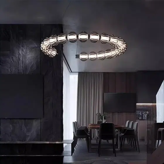 Aluminum Black Glass Round Pendant Lamp in Aluminum and Glass, detail view
