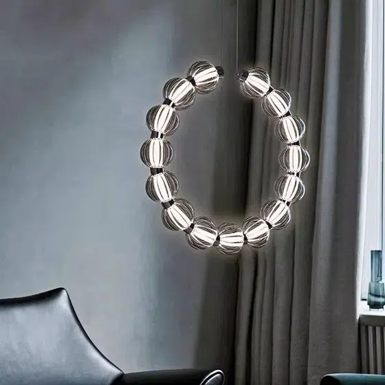 Aluminum Black Glass Round Pendant Lamp in Aluminum and Glass, installed view