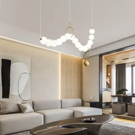 Aluminum PE Ball LED Pendant Light in Aluminum and PE, installed view