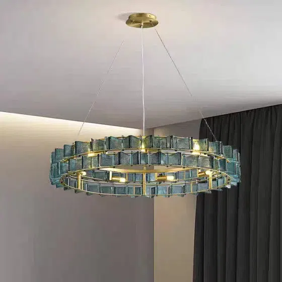 E14 Amber Blue Clear Glass Pendant Lamp in Iron Plating and Glass, product photograph