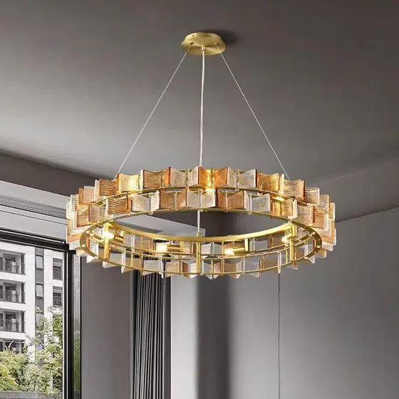 E14 Amber Blue Clear Glass Pendant Lamp in Iron Plating and Glass, detail view