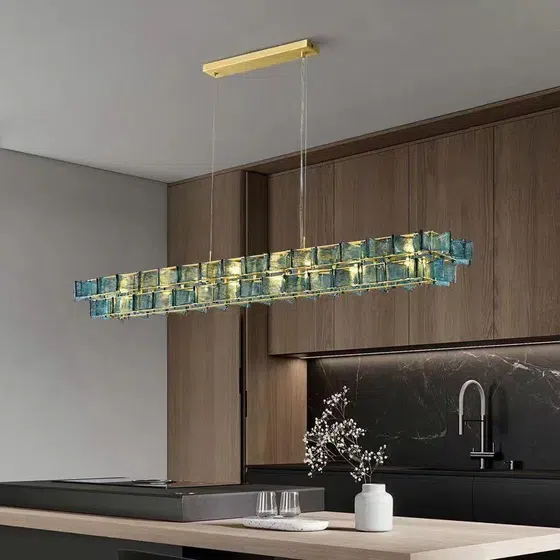 E14 Amber Blue Clear Glass Pendant Lamp in Iron Plating and Glass, installed view