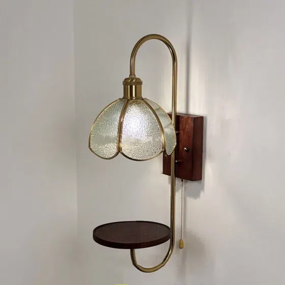 Vintage Nordic Amber Small Flower LED Glass Wall Lamp in Iron and Wood and Glass, detail view