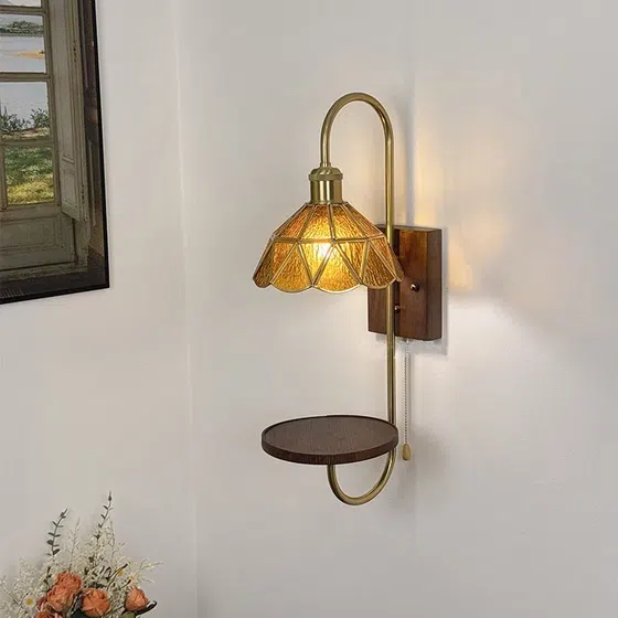 Vintage Nordic Amber Small Flower LED Glass Wall Lamp in Iron and Wood and Glass, installed view