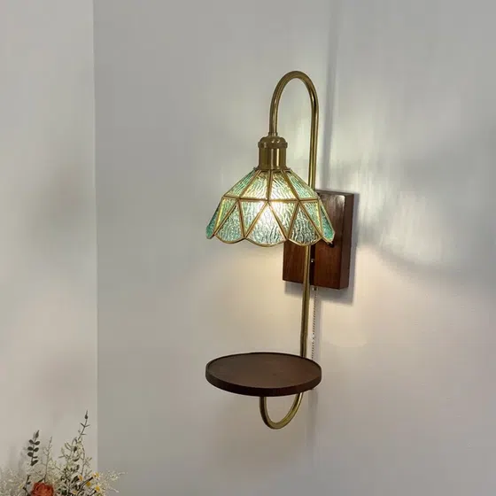 Vintage Nordic Amber Small Flower LED Glass Wall Lamp in Iron and Wood and Glass, scale view