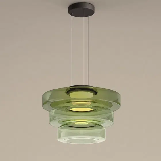 Amber Smoky Gray Green Glass Pendant Lamp in Aluminum and Glass, installed view