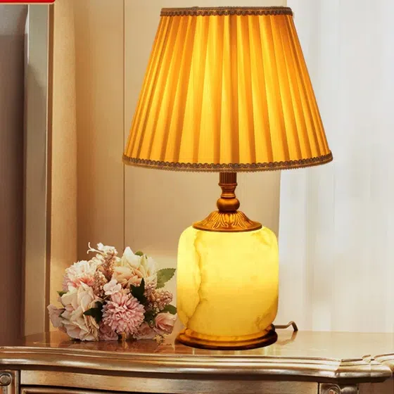 European Art Ceramic Marble LED Table Lamp in Copper and Marble and Fabric, detail view