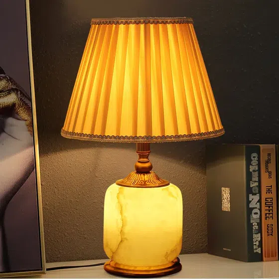 European Art Ceramic Marble LED Table Lamp in Copper and Marble and Fabric, installed view