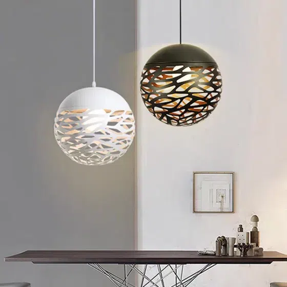 Ball Black White Pendant Lamp in Metal, product photograph