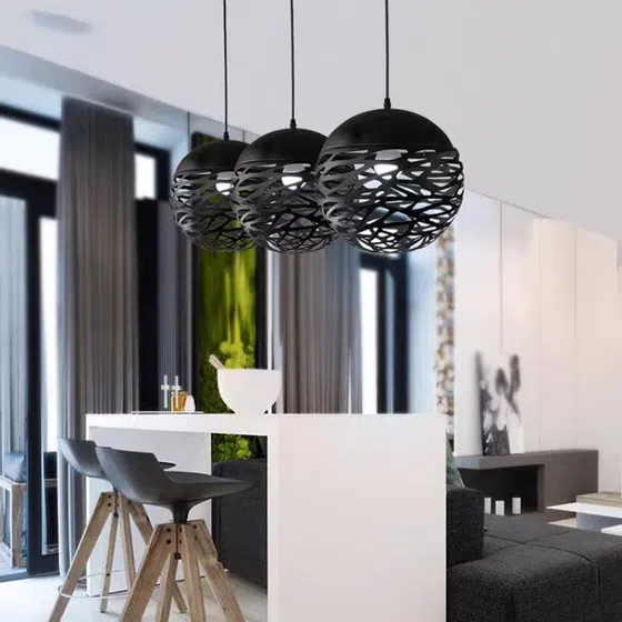 Ball Black White Pendant Lamp in Metal, installed view