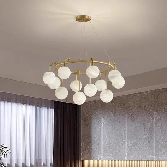 8-12 Heads Ball Marble Copper Pendant Light in Copper and Marble, product photograph
