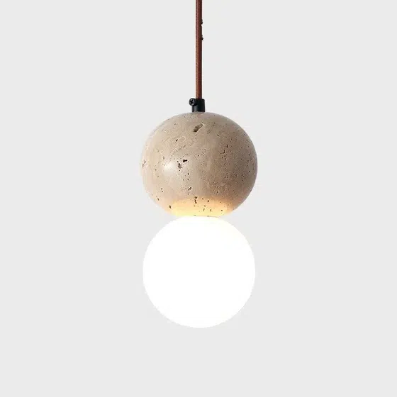D10cm LED Ball Yellow Travertine Pendant Lamp in Wood and Yellow Travertine, detail view