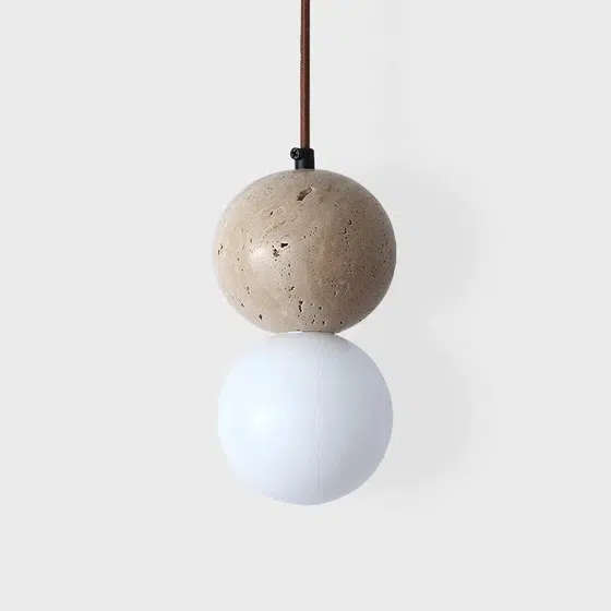 D10cm LED Ball Yellow Travertine Pendant Lamp in Wood and Yellow Travertine, installed view