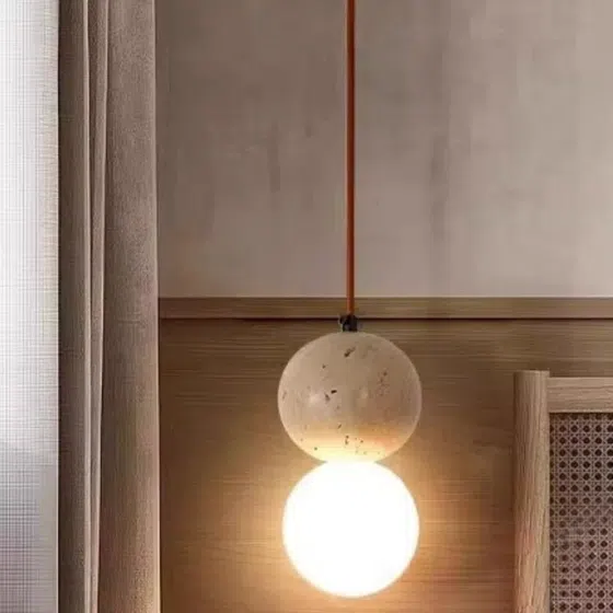 D10cm LED Ball Yellow Travertine Pendant Lamp in Wood and Yellow Travertine, scale view