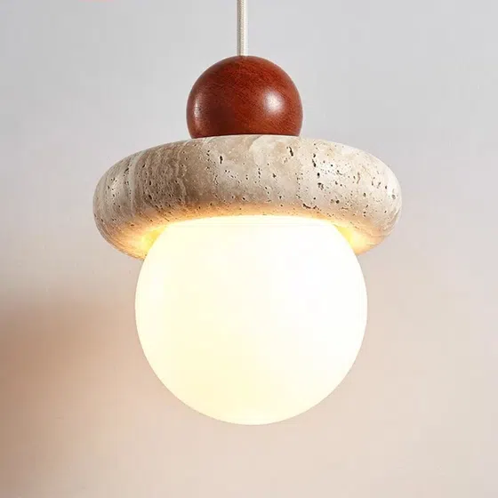 H22CM Ball Yellow Travertine Pendant Light in Wood and Yellow Travertine, product photograph