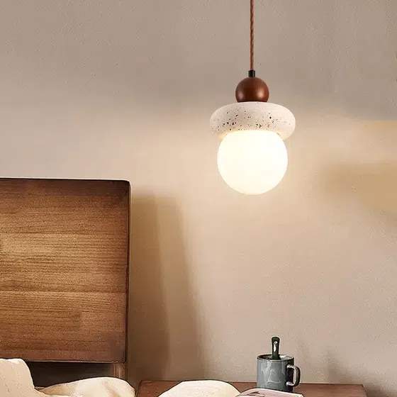 H22CM Ball Yellow Travertine Pendant Light in Wood and Yellow Travertine, detail view