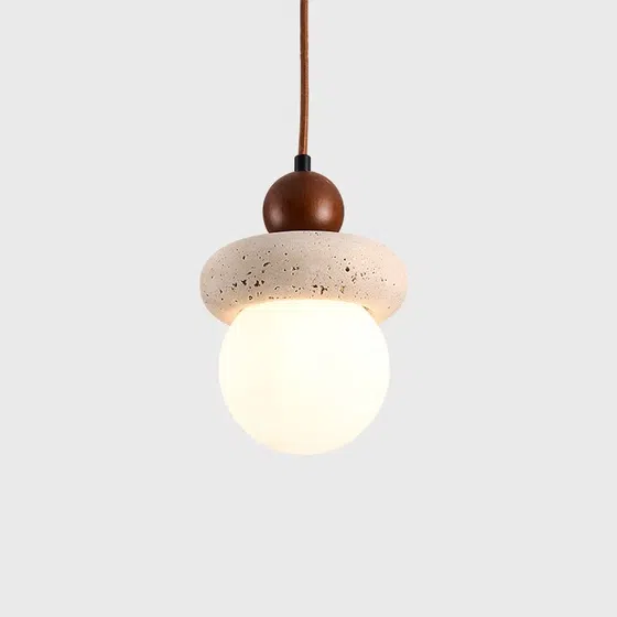 H22CM Ball Yellow Travertine Pendant Light in Wood and Yellow Travertine, installed view