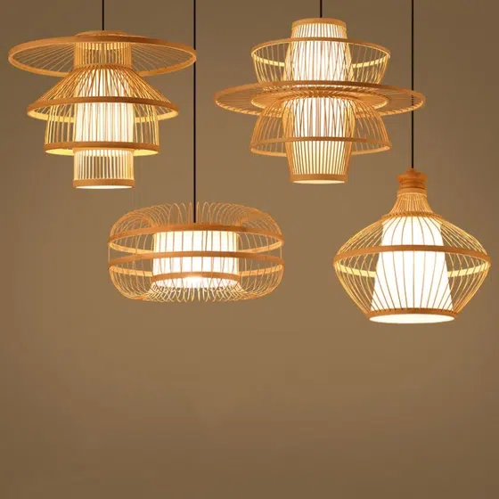 E27/E26 Bamboo Woven Lantern Pendant Light in Wood and Metal, product photograph
