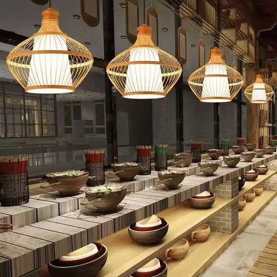 E27/E26 Bamboo Woven Lantern Pendant Light in Wood and Metal, detail view