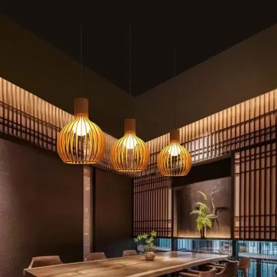 E27/E26 Bamboo Woven Lantern Pendant Light in Wood and Metal, installed view