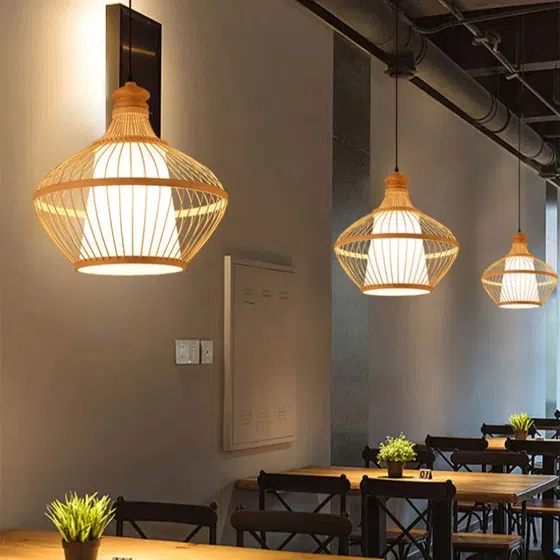 E27/E26 Bamboo Woven Lantern Pendant Light in Wood and Metal, scale view
