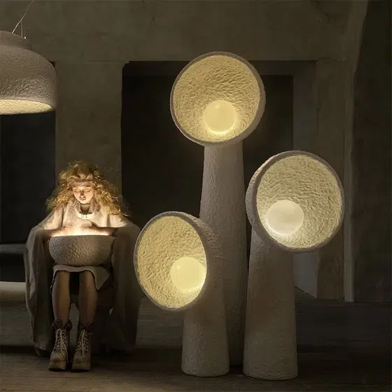 Beige Wabi-Sabi Large LED Floor Lamp in Fiberglass, detail view
