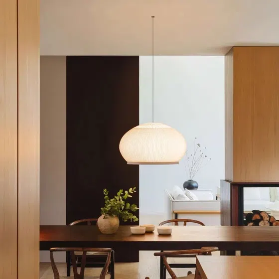Beige Woven Fabric PE Pendant Light in PE and Woven Fabric, installed view