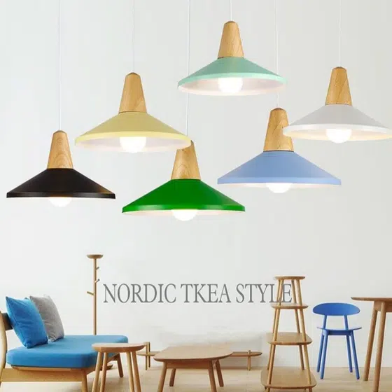 White Black Blue Wood Aluminum Pendant Lamp in Aluminum and Wood, product photograph