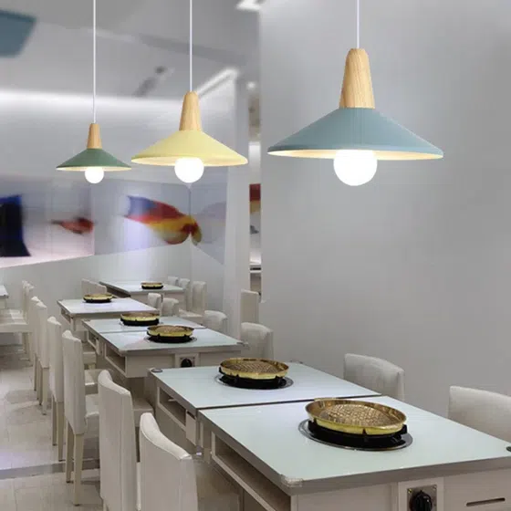 White Black Blue Wood Aluminum Pendant Lamp in Aluminum and Wood, installed view
