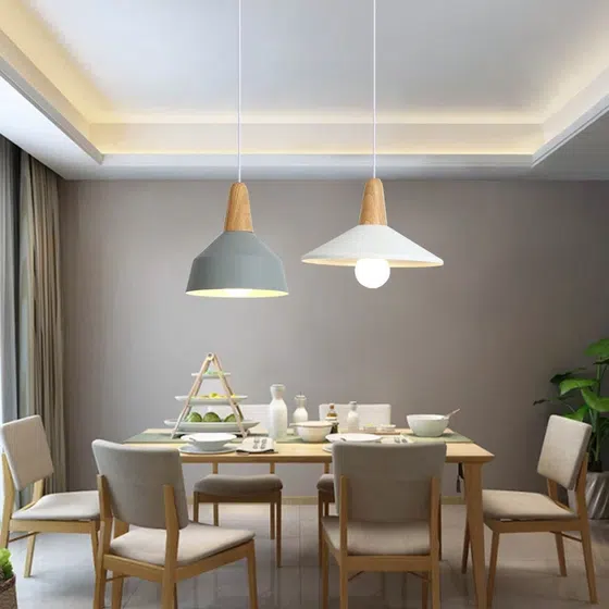 White Black Blue Wood Aluminum Pendant Lamp in Aluminum and Wood, scale view