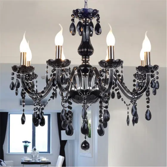 Black Crystal Candle Chandelier in Iron and Crystal and Glass and Fabric, detail view