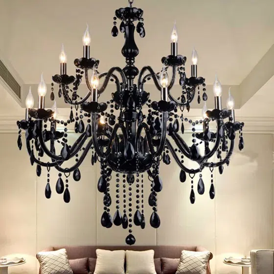 Black Crystal Candle Chandelier in Iron and Crystal and Glass and Fabric, installed view