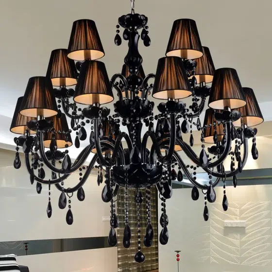 Black Crystal Candle Chandelier in Iron and Crystal and Glass and Fabric, scale view