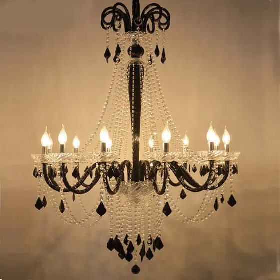 Black Glass Fabric Chandelier in Iron and Crystal and Glass and Fabric, product photograph