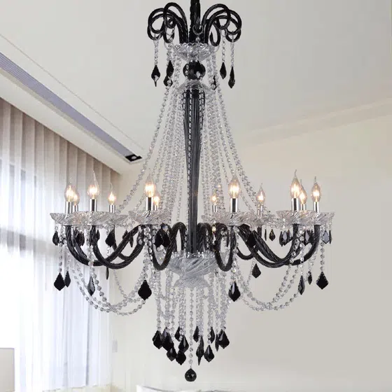 Black Glass Fabric Chandelier in Iron and Crystal and Glass and Fabric, detail view