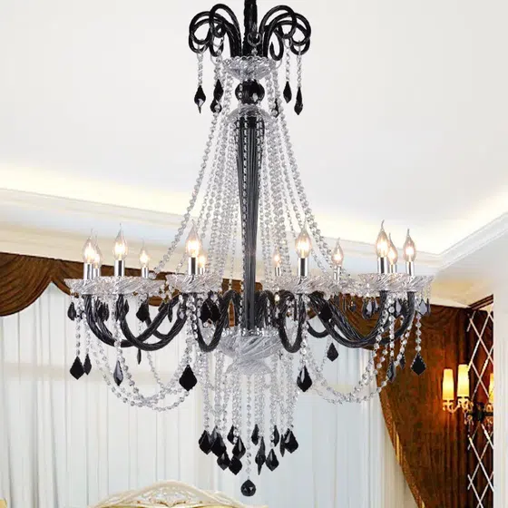 Black Glass Fabric Chandelier in Iron and Crystal and Glass and Fabric, installed view