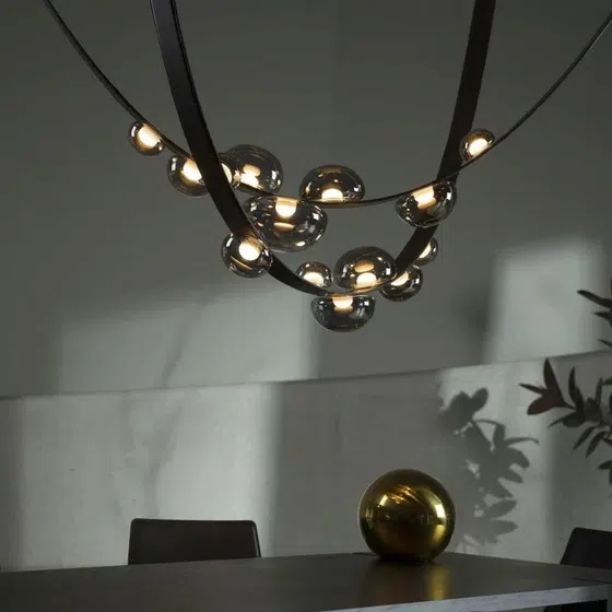 Black Leather Glass Pendant Light in Leather and Glass and Stainless Steel, product photograph