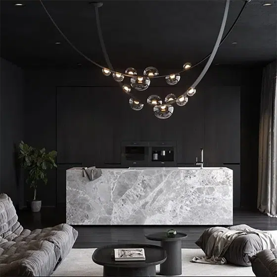 Black Leather Glass Pendant Light in Leather and Glass and Stainless Steel, detail view