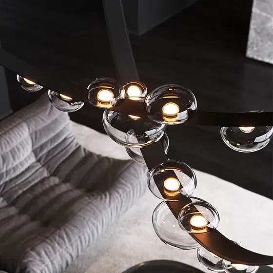 Black Leather Glass Pendant Light in Leather and Glass and Stainless Steel, installed view