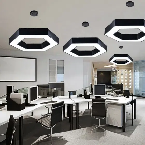 Black White Hexagon Pendant Light in Aluminum and PC, installed view