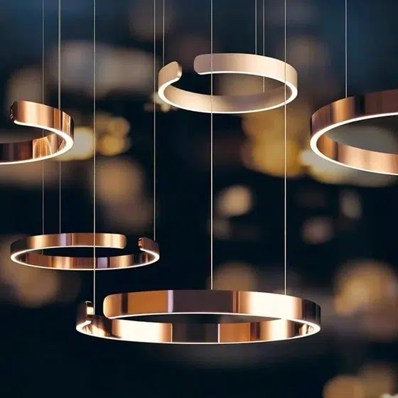Black White Gold Rose Gold Ring Acrylic Pendant Lamp in Aluminum and Acrylic, installed view