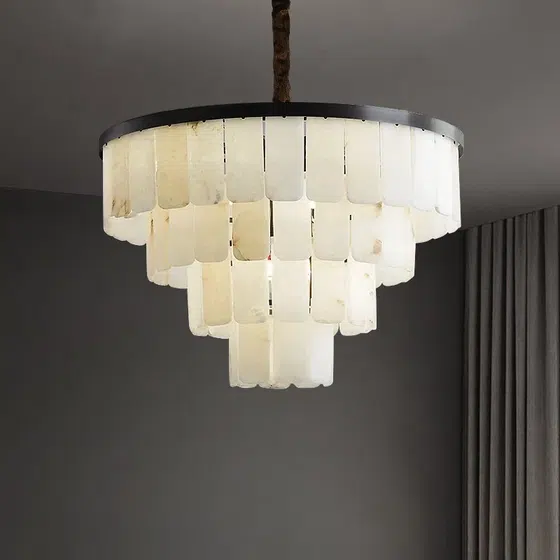 9-48 Heads Black Copper White Marble Pendant Lamp in Copper and Alabaster Marble, product photograph