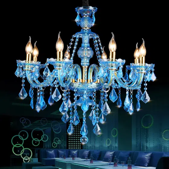 Blue Candle Crystal Chandelier in Iron and Crystal and Glass and Fabric, detail view