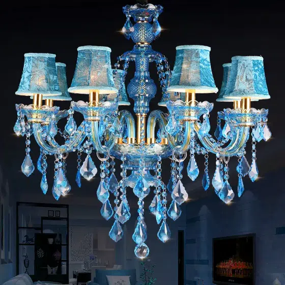 Blue Candle Crystal Chandelier in Iron and Crystal and Glass and Fabric, installed view