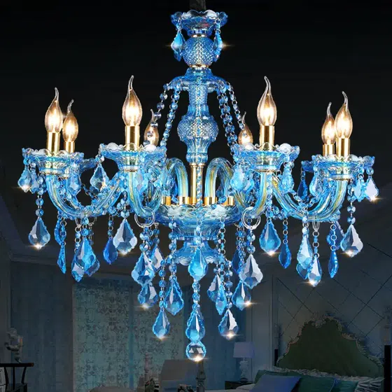 Blue Candle Crystal Chandelier in Iron and Crystal and Glass and Fabric, scale view