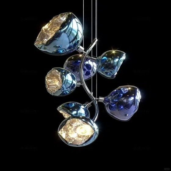 Blue Gold Long Custom Glass Chandelier in Stainless Steel and Glass, detail view