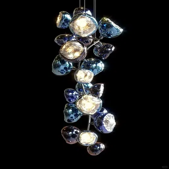 Blue Gold Long Custom Glass Chandelier in Stainless Steel and Glass, installed view